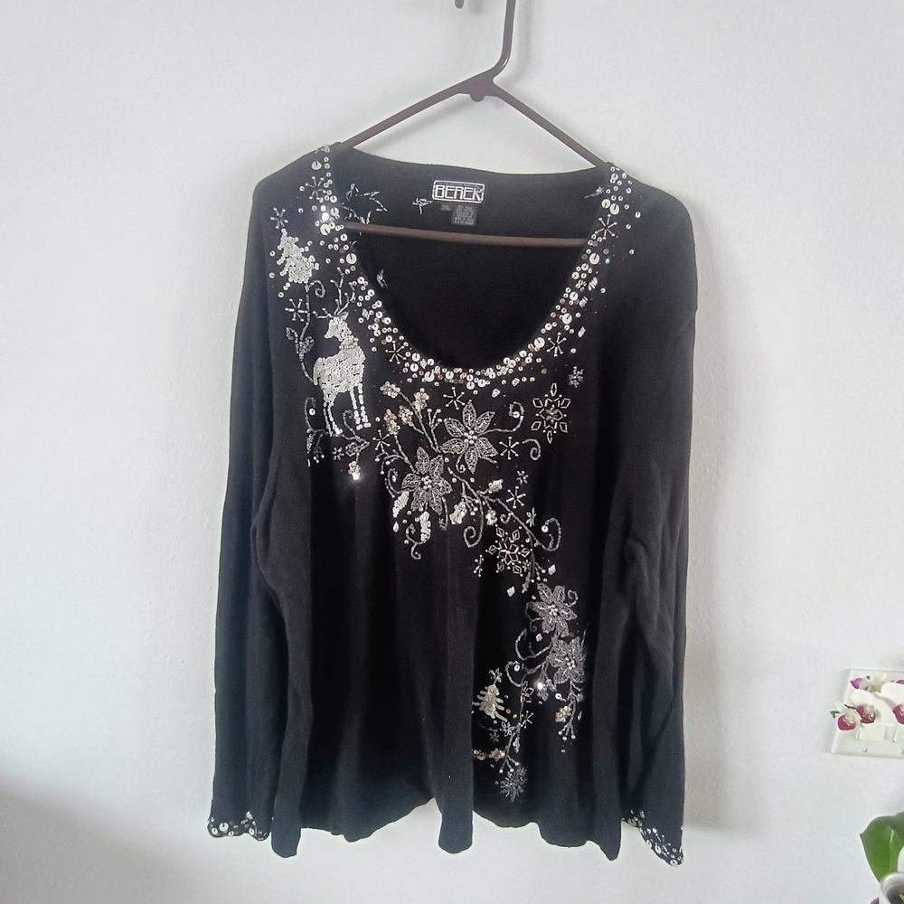 Berek Sequin Reindeer Holiday Sweater Womens 3XL Christmas Beaded Top